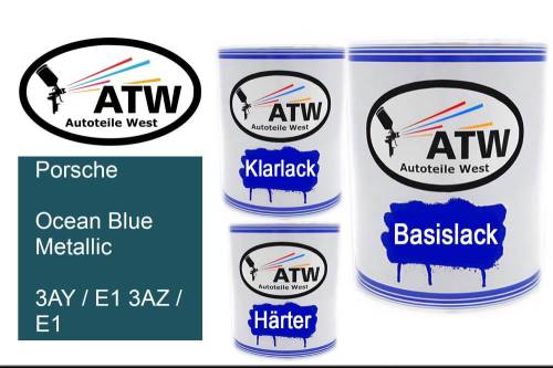 Porsche, Ocean Blue Metallic, 3AY / E1 3AZ / E1: 1L Lackdose + 1L Klarlack + 500ml Härter - Set, von ATW Autoteile West.